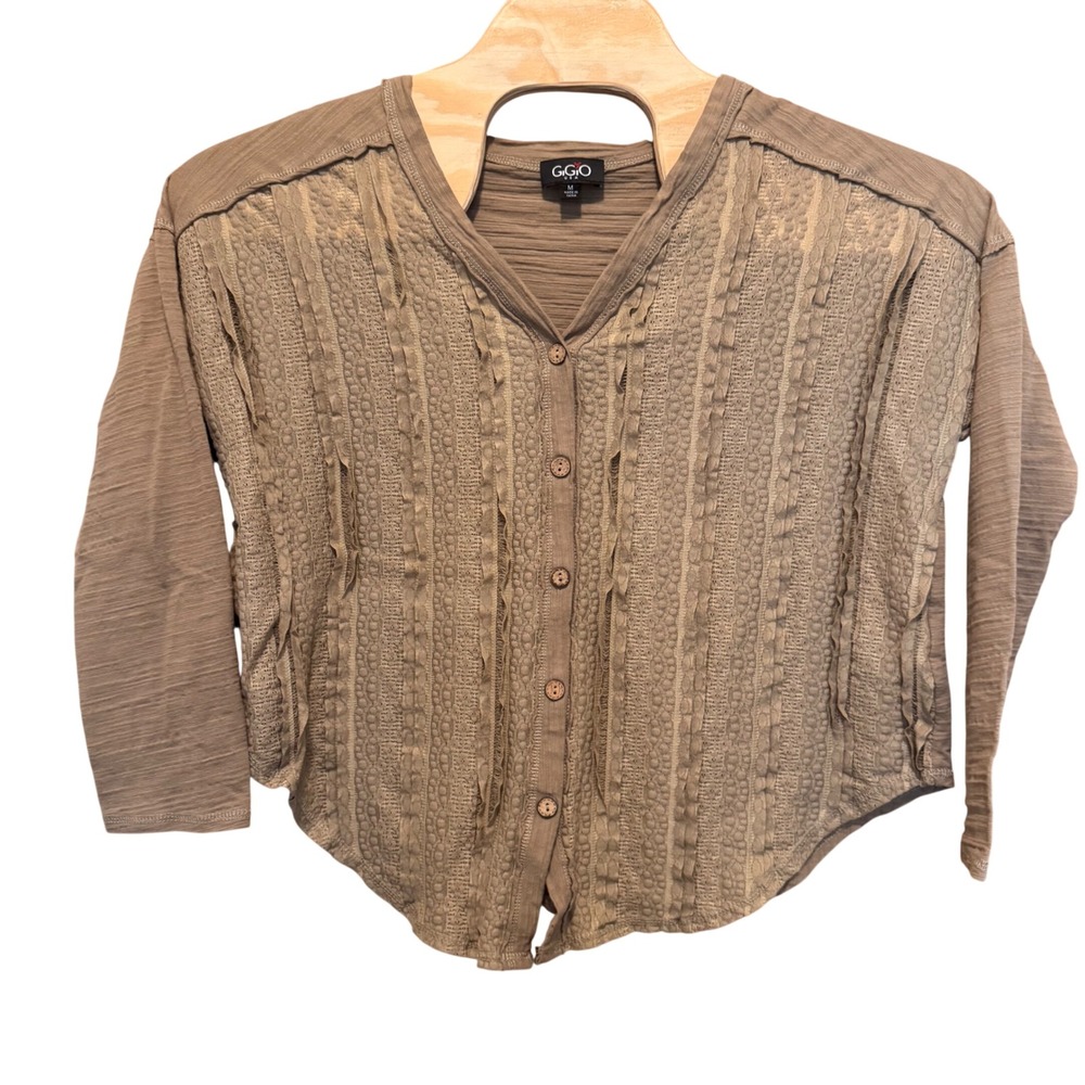 Lace Ruffle Textured Button‎ Front Long Sleeve Top Tan M Earthy Lagenlook Fairy - Picture 3 of 8